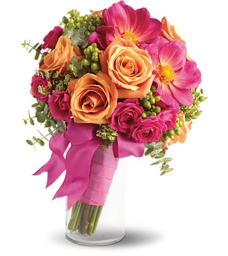 Passionate Embrace Bouquet Passionate Embrace Bouquet - Evoke the exciting passion of true love with this high-fashion bouquet of hot pink orange and green. Hot pink and orange roses come together with bold pink dahlias and accents of Queen Anne's lace green hypericum and spiral eucalyptus.Approximately 10" W x 13" H Orientation: N/A As Shown : T194-7A