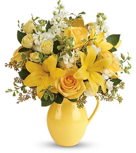 Teleflora's Sunny Outlook Bouquet Teleflora's Sunny Outlook Bouquet - Brighten anyone's outlook with this sunshiny array of blooms! A heartwarming choice for a special day or just because these glorious roses and lilies are hand-delivered in a fabulous food-safe pitcher they'll enjoy at breakfast for years to come! This bright bouquet features yellow roses yellow spray roses yellow asiatic lilies white miniature carnations white stock seeded eucalyptus and pitta negra. Delivered in a Sunny Day pitcher. Approximately 16" W x 18" H Orientation: All-Around As Shown : T601-1ADeluxe : T601-1BPremium : T601-1C