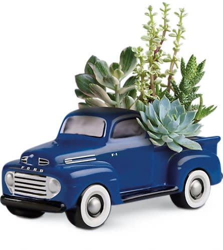 His Favorite Ford F1 Pickup by Teleflora - This Father's Day get Dad's motor running with this collectible gift! In the perfect shade of blue this charming ceramic pickup truck presents an array of living succulent plants. What a beautiful fun-filled display for dad's desk or bedroom! This living arrangement includes a variety of succulent plants. Delivered in a '48 Ford Pickup collectible keepsake.Approximately 10 1/4&quot; W x 10 1/2&quot; H Orientation: All-Around As Shown : T16F110A