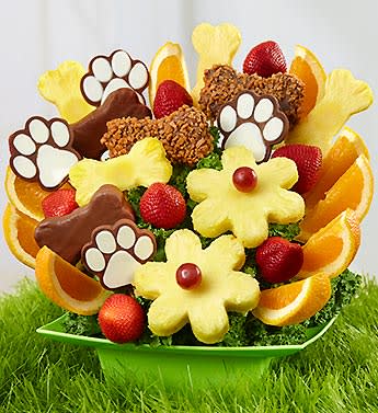 Bow Wow Bouquet - Product ID: 96317  Move over, Rover: this treatâs for your owner. This whimsical dog loversâ surprise is filled with fresh fruit, chocolates, and more treats that will make them roll over with joy. Juicy plain strawberries, dipped and decorated strawberries, orange wedges and pineapple slices are shaped like bones and then rolled in toffee, whimsical paw pops, pineapple slices shaped like daisies with a grape center and more Hand-crafted and designed by local florists Delivered fresh to their door with Same-Day Delivery Arrives in a colorful and reusable food safe container Arrangement measures 14&quot;H x 12&quot;D This gift was created as a treat for humans, and should not be given to pets