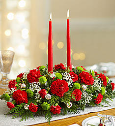 SEASONS GREETING CENTEPIECE - CENTERPIECE WITH CARNATIONS ORNAMENTS BABIES BREATH  GREEN MUMS