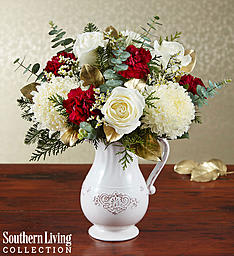WINTER CHARMS WINTER CHARMS - WHITE PITCHER MUMS WHITE ROSES RED CARNATIONS