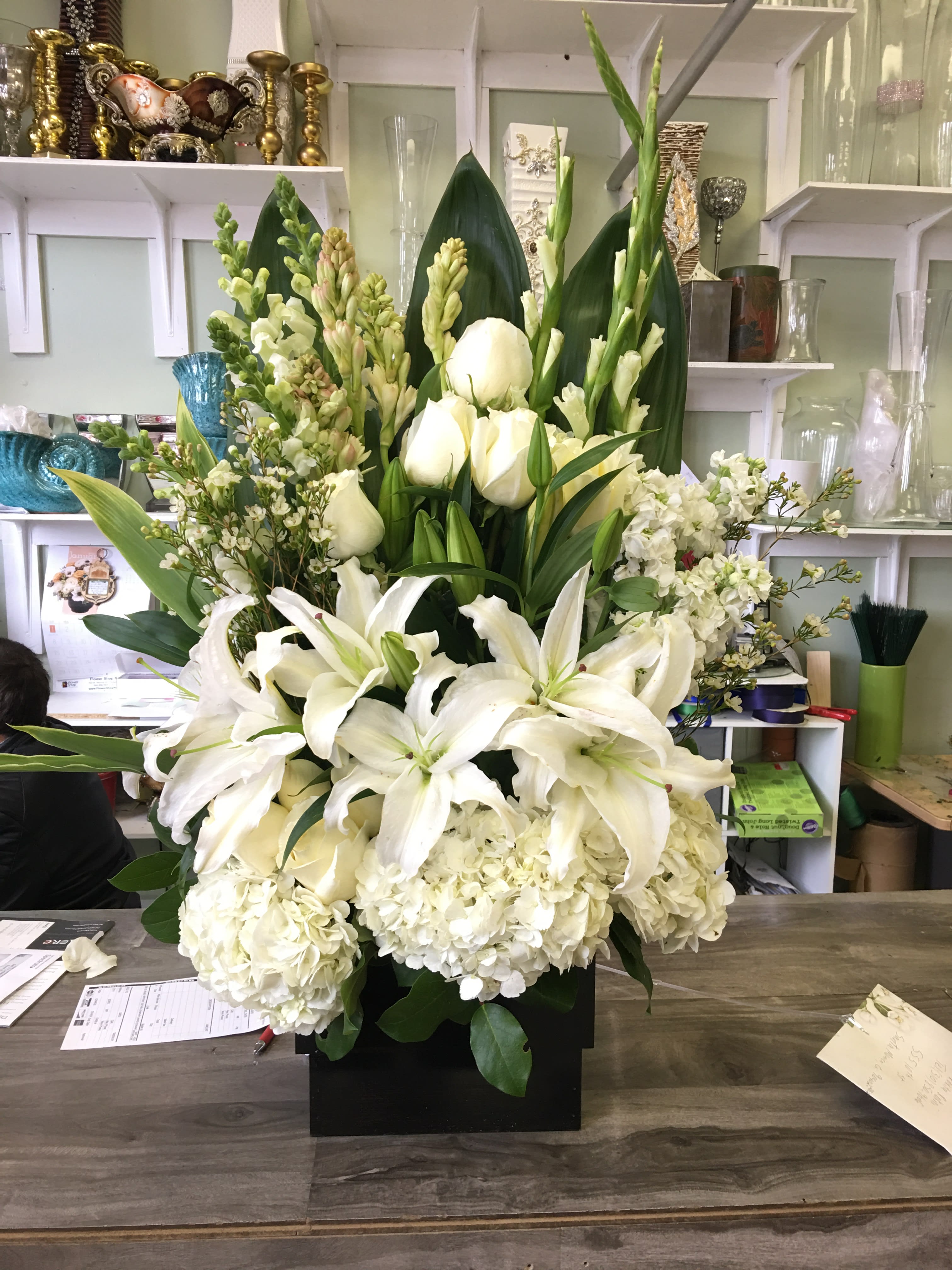 White Rose Lily Box Arrangement In Encino Ca Spring Flowers White Rose Lily Box Arrangement In Encino Ca Spring Flowers