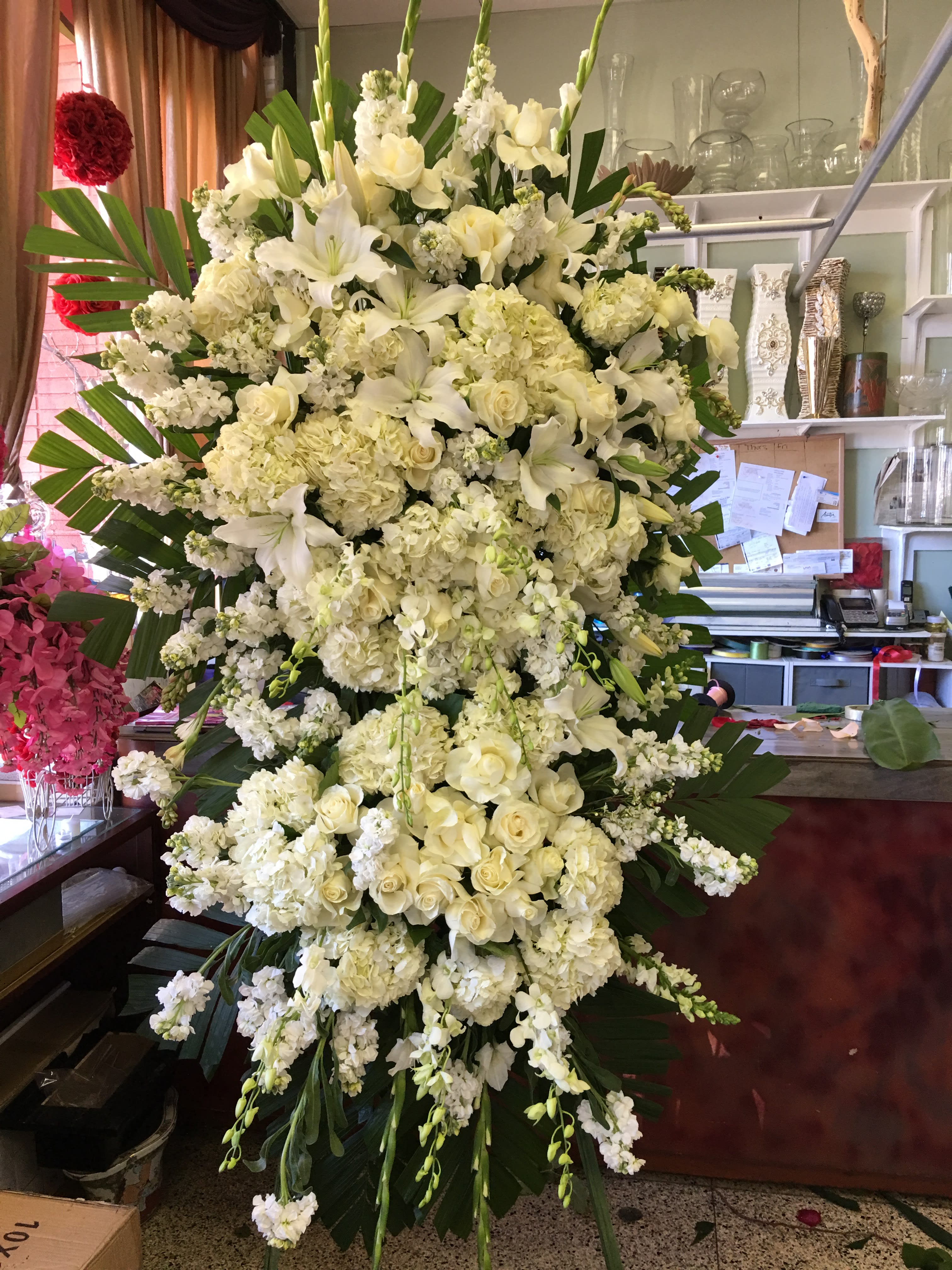 Grand White Tribute Spray - White roses, stock, hydrangeas, orchids &amp; lilies