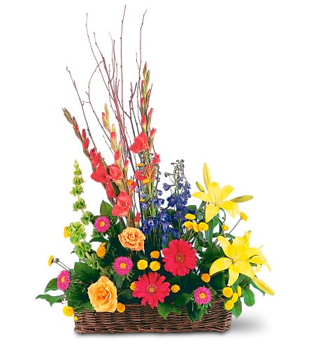 Sunshine Basket Sunshine Basket - This cheery basket of colorful summer flowers will provide warmth and comfort when it's needed most. Perfect to send to a service or home. One arrangement arrives with pink gerberas yellow lilies orange roses and blue delphinium in an oval wicker basket.Approximately 28" W x 39" H Orientation: One-Sided As Shown : TF203-11 Available for local delivery only