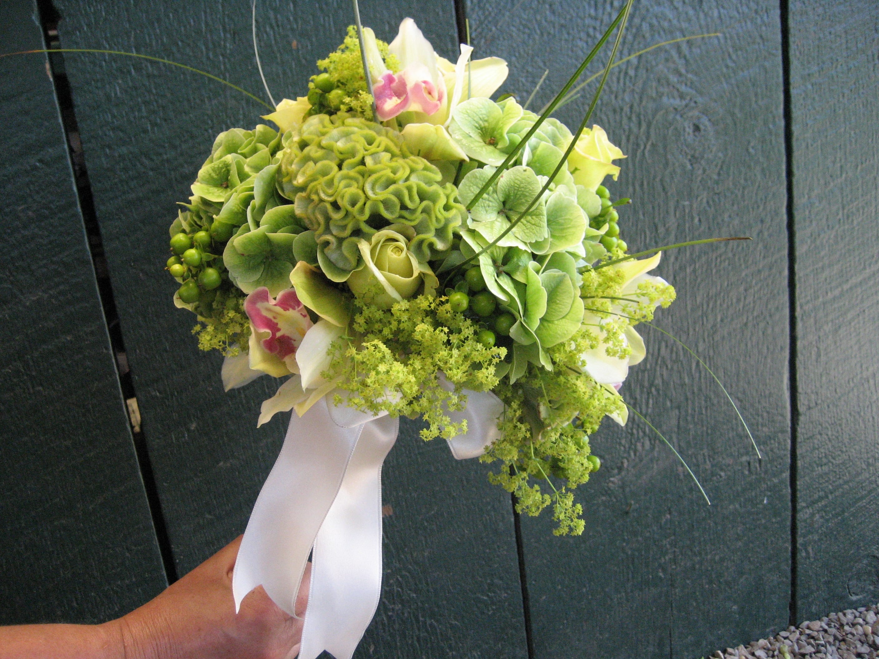 shades of green wedding biuquet in Riverhead, NY L.A. Country Flowers