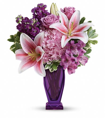 Teleflora's Blushing Violet Bouquet Teleflora's Blushing Violet Bouquet - Luxe in lavender! Pamper her with the pink and purple perfection of this show-stopping lily and hydrangea bouquet. Hand-delivered in a stunning violet keepsake vase it's a 2-in-1 gift that's sure to please! This special bouquet features light pink hydrangea lavender roses pink stargazer lilies purple alstroemeria purple stock and variegated pittosporum. Delivered in a violet Couture vase.Approximately 15" W x 18" H Orientation: One-Sided As Shown : TEV42-1ADeluxe : TEV42-1BPremium : TEV42-1C