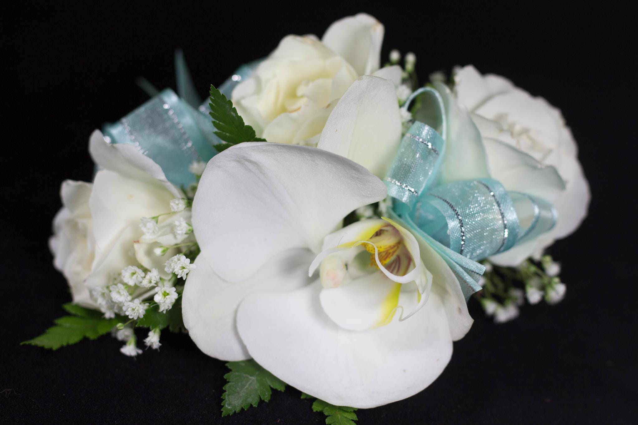 White and baby blue corsage in San Jose, CA | Bee's Flowers
 White And Baby Blue Corsage