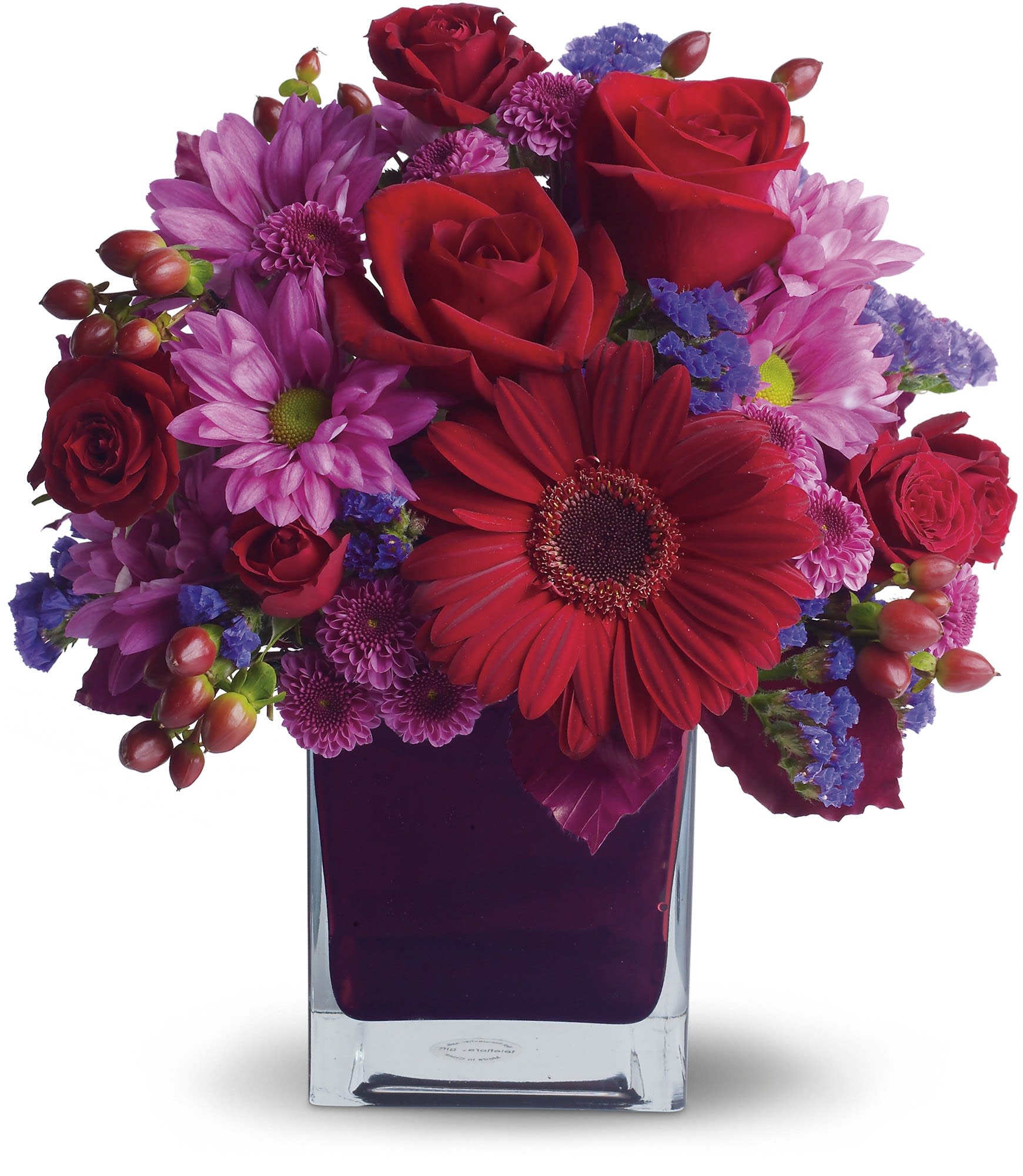It's My Party by Teleflora - The only crying that this plum party arrangement might inspire are tears of joy! So fabulous. So fun. So fall with its jewel-toned modern cube that's chock full of gorgeous red, purple and perfect flowers.  Red roses and gerberas, dark red spray roses, lavender chrysanthemums, purple statice and red hypericum are beautifully arranged in a plum cube vase. So get the party started!  Approximately 10 1/2&quot; W x 12&quot; H  Orientation: One-Sided  As Shown : T173-1A Deluxe : T173-1B Premium : T173-1C