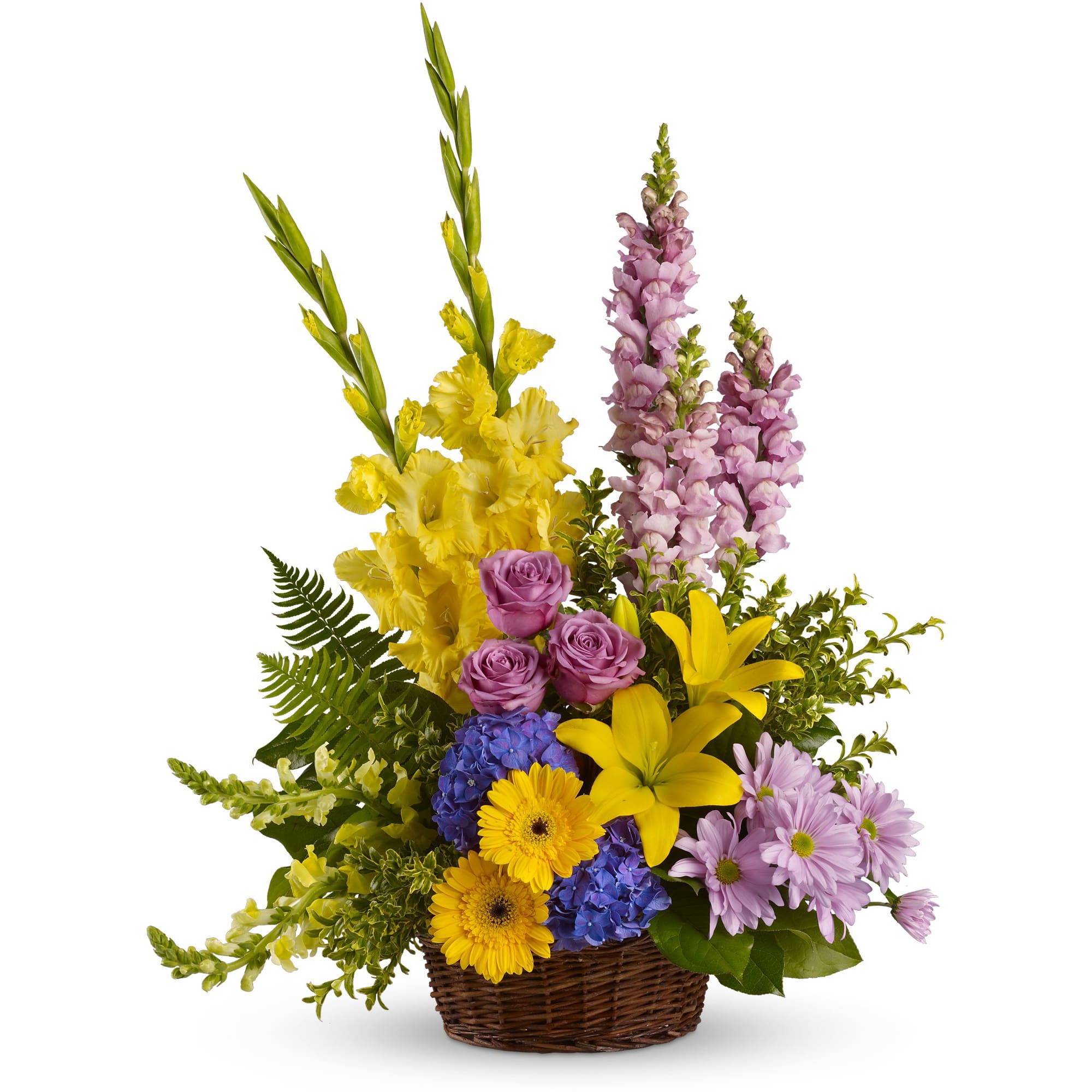 Love's Tapestry by Teleflora - This generous basket is a gorgeous way to send caring thoughts. And hopes for brighter days ahead.  Beautiful flowers such as blue hydrangea, lavender roses, snapdragons and daisy spray chrysanthemums along with yellow asiatic lilies, gerberas, gladioli, snapdragons and brilliant greenery are delivered in a lovely wicker basket.  Approximately 23 1/2&quot; W x 31&quot; H  Orientation: One-Sided      As Shown : T218-2A   