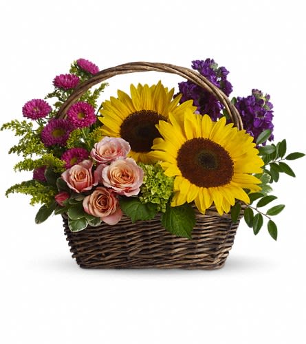 Picnic in the Park - Life will be a picnic for whoever's lucky enough to receive this gift. It's a lovely basket that's chock full of fabulous flowers. Peach spray roses large yellow sunflowers miniature green hydrangea purple stock hot pink matsumoto asters and more are delightfully arranged in a charming wicker basket.Approximately 18&quot; W x 12 1/2&quot; H Orientation: All-Around As Shown : T152-3ADeluxe : T152-3BPremium : T152-3C