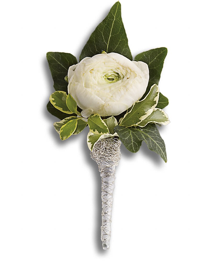 Blissful White Boutonniere Blissful White Boutonniere - One ravishing white ranunculus radiates classic style. White ranunculus with an ivy leaf and pitta negra, wrapped in an ivory satin ribbon.