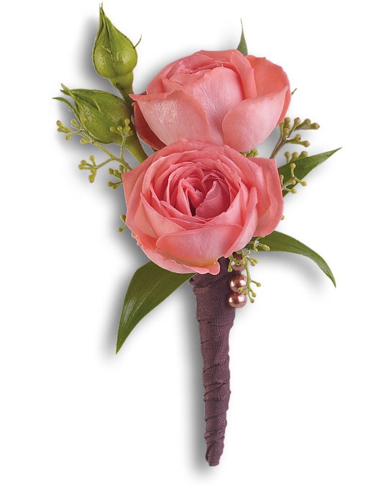 Rose Simplicity Boutonniere - A single coral rose is elegant and understated. Coral roses, seeded eucalyptus and Italian ruscus bundled in a brown satin ribbon.