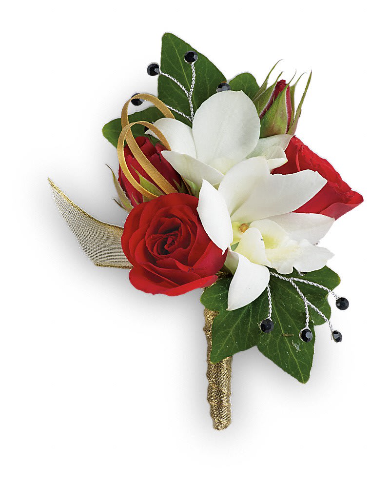 Star Studded Boutonniere Star Studded Boutonniere - Elegant orchids and classic red roses make you the star of the show. White dendrobium orchids, red spray roses and green ivy.