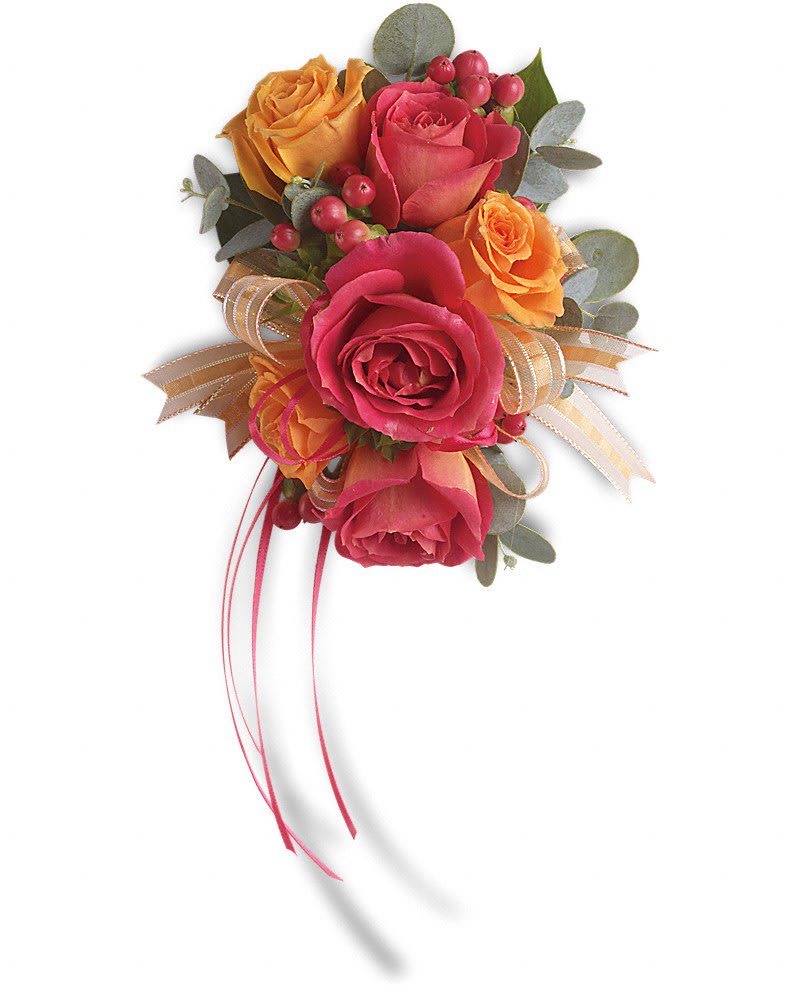 Sunset Beauty Wristlet Sunset Beauty Wristlet - Warm orange and pink roses evoke the splendor of sunset. Hot pink and orange spray roses mingle with red hypericum and accents of Israeli ruscus and eucalyptus.