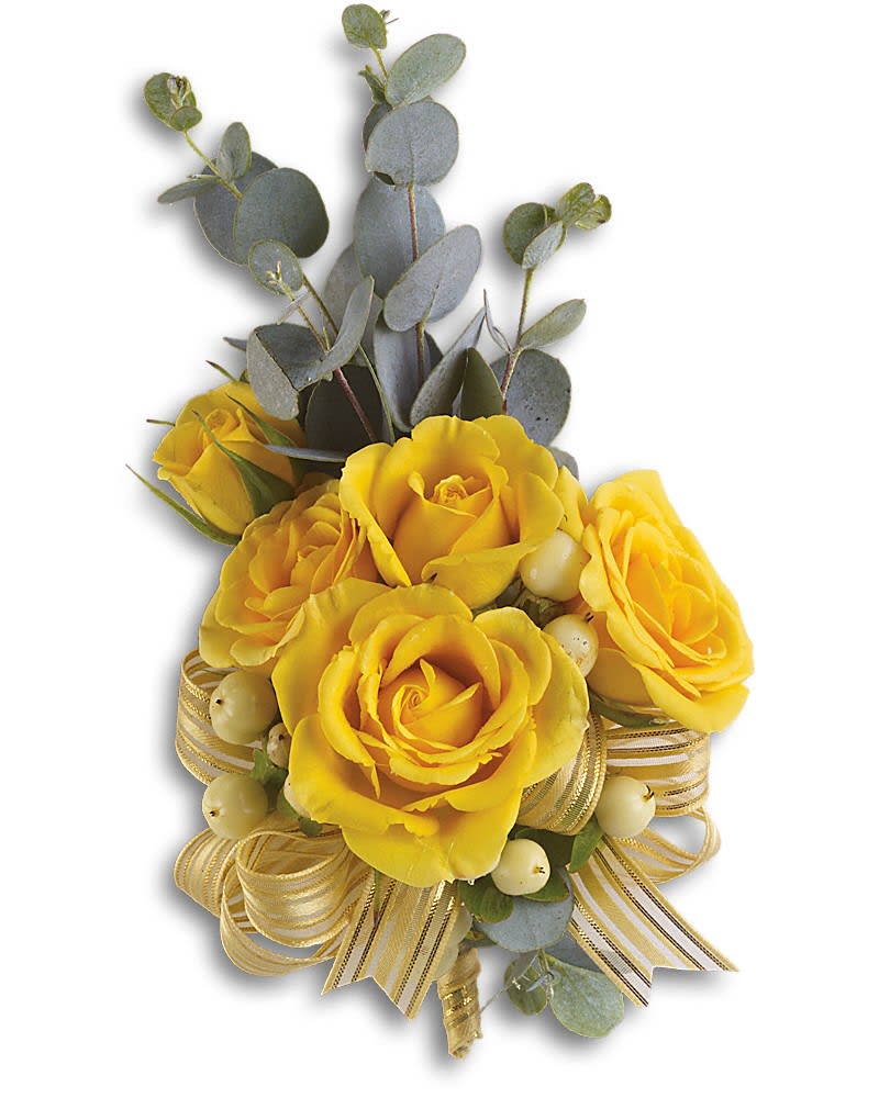 Sunswept Corsage Sunswept Corsage - Sunny yellow roses mirror your happiness. Yellow spray rosesd and hypericum with parvifolia eucalyptus.