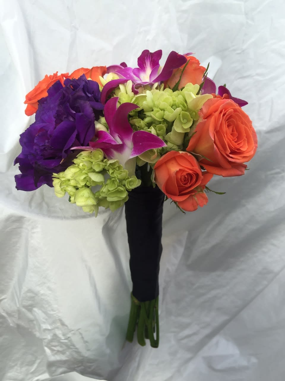 Hand Tied Prom Bouquet (purples/orange with black wrap) in Glenside, PA