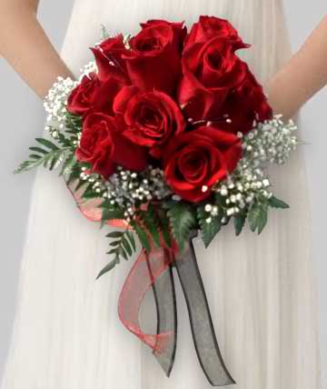 Clutch of Roses - A clutch of red roses with a collar of baby's breath.  Substitutions of equal or greater value may be made depending on season and availability of product or container. 