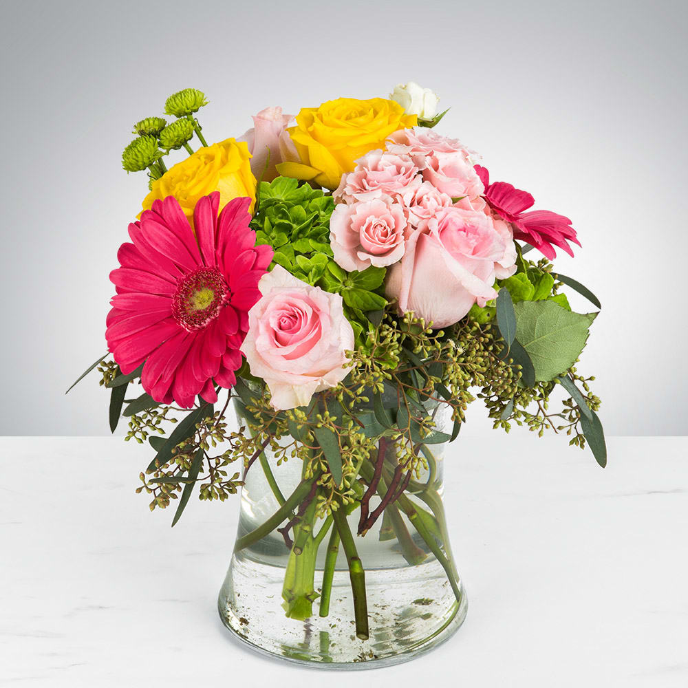 Time To Celebrate by BloomNation™ - No matter what you're celebrating, this is a perfect gift to wish someone praise or honor their new beginnings. This arrangement contains Pink Gerbera Daisies, Roses, and Hydrangea. APPROXIMATE DIMENSIONS: 12&quot;H x 11&quot;D