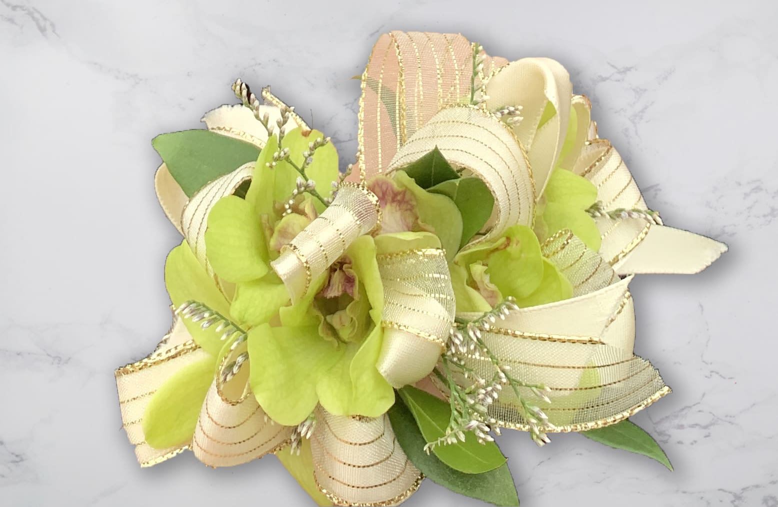 Green Orchid Corsage - Corsage - cream and gold bow with lime green orchids and greenery 