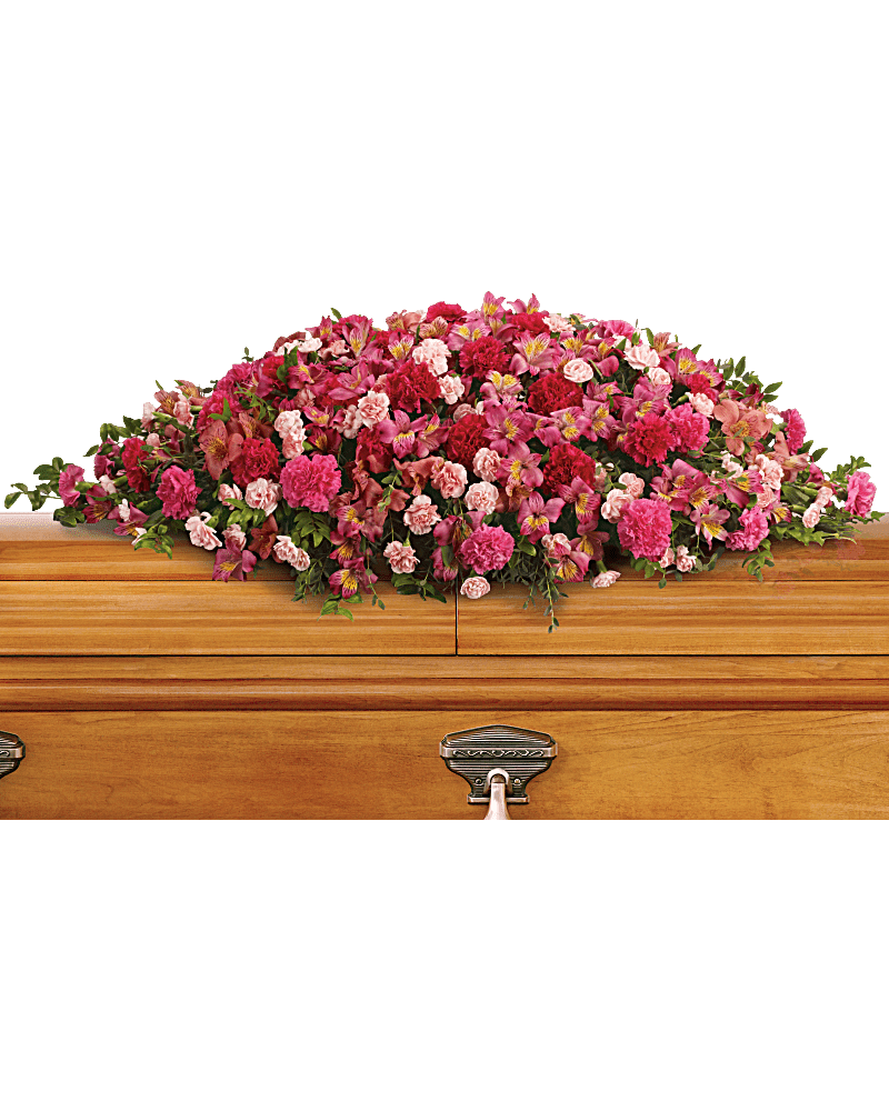 A Life Loved Casket Spray -  A magnificent cascade of pink floral favorites accented with huckleberry conveys an outpouring of love and respect for one who has passed.      The sumptuous bouquet includes dark pink alstroemeria, hot pink carnations, pink carnations and miniature light pink carnations accented with huckleberry and eucalyptus.