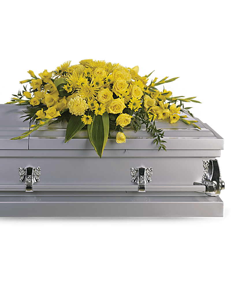 Graceful Grandeur Casket Spray -  Joyous times and golden memories are recalled with this lovely half-couch casket spray that consoles the bereaved with a sunny array of beautiful blooms.   An array of vivid flowers such as yellow roses, gladioli and chrysanthemums contrast with peaceful greens including Italian ruscus and aspidistra leaves.