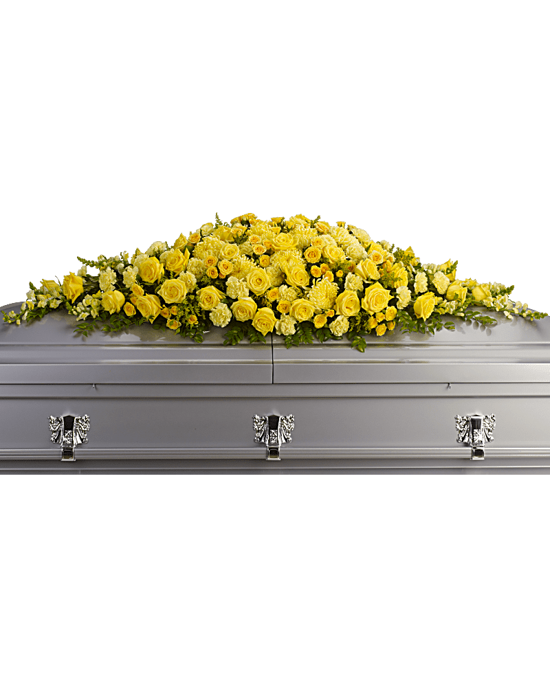 Golden Garden Casket Spray -  An abundant field of assorted yellow flowers evokes a summer's day and warming sunshine, offering comfort and hope during a time of loss. It's a beautiful tribute to golden memories.      Yellow flowers such as roses, carnations, chrysanthemums, snapdragons and solidago, set with huckleberry and leatherleaf fern create a vivid full-couch casket spray.