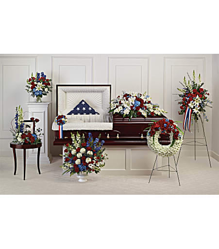 Distinguished Service Collection Distinguished Service Collection - Proud and patriotic, this collection of seven hand-made sympathy pieces honors a life of distinguished service with beautiful arrangements of red, white and blue blooms.