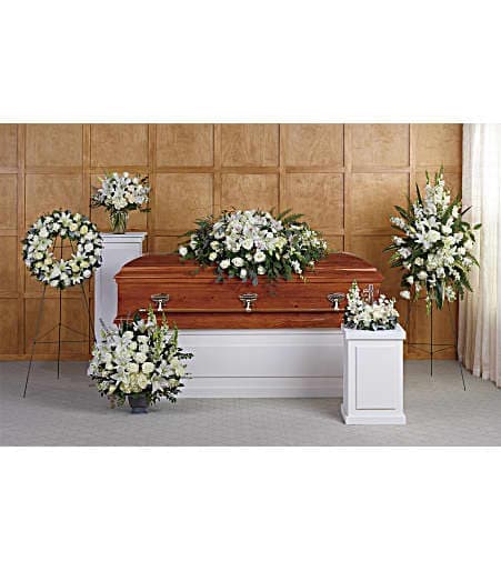  Grandest Glory Collection - This glorious collection of six hand-made sympathy pieces features pure white roses and lilies for a beautiful sense of peace and tranquility. 