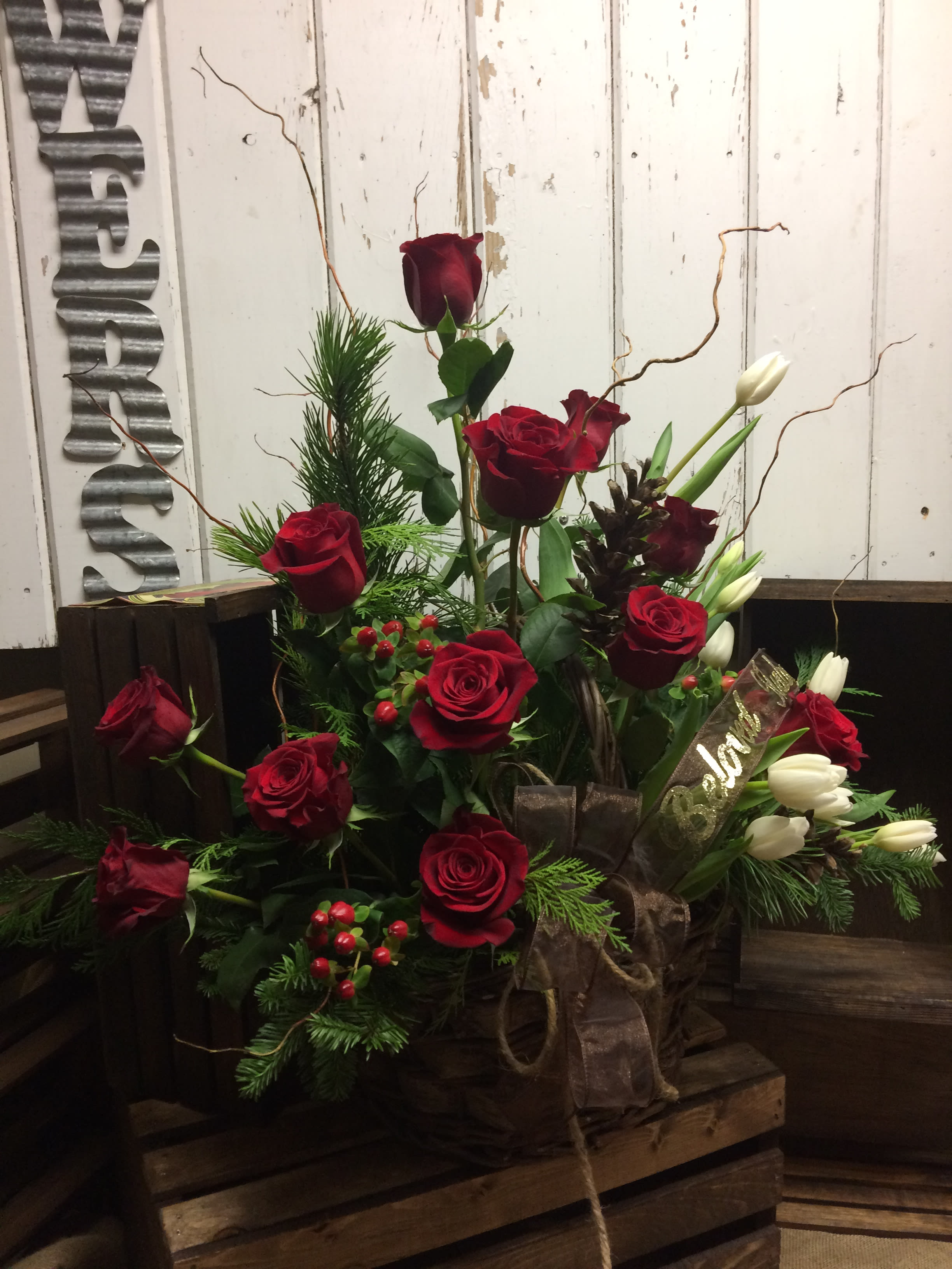 Beloved Bouquet Custom Design by Cold Spring Floral - Red Roses, White Tulips, Hypericum Berry, Curly Willow and Seasonal Greens. 