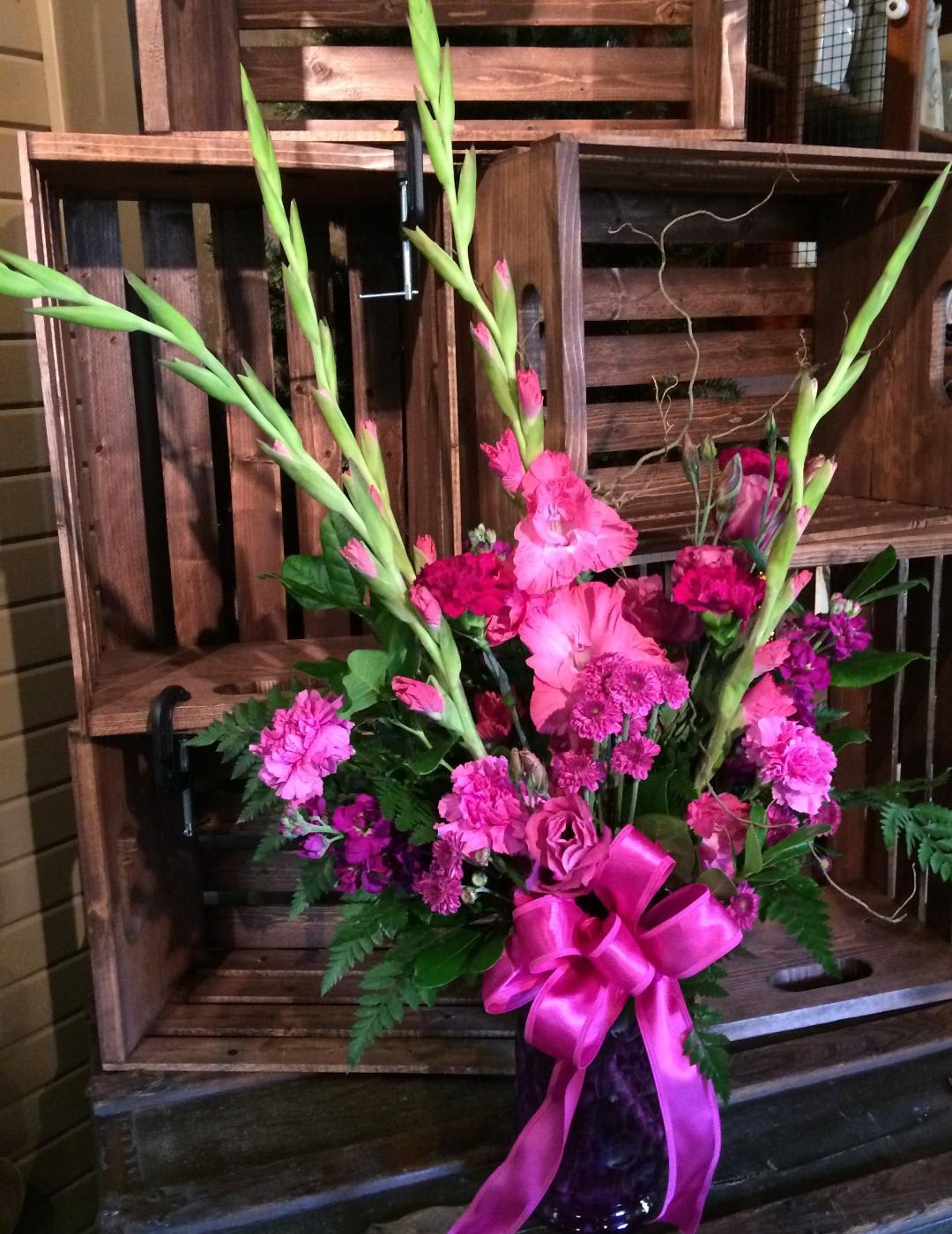 Rememberance  Custom Designed by Cold Spring Floral - Vased arrangement of Gladiolas, Stock, Mums, Carnations, Lisianthus and mixed Greenery.
