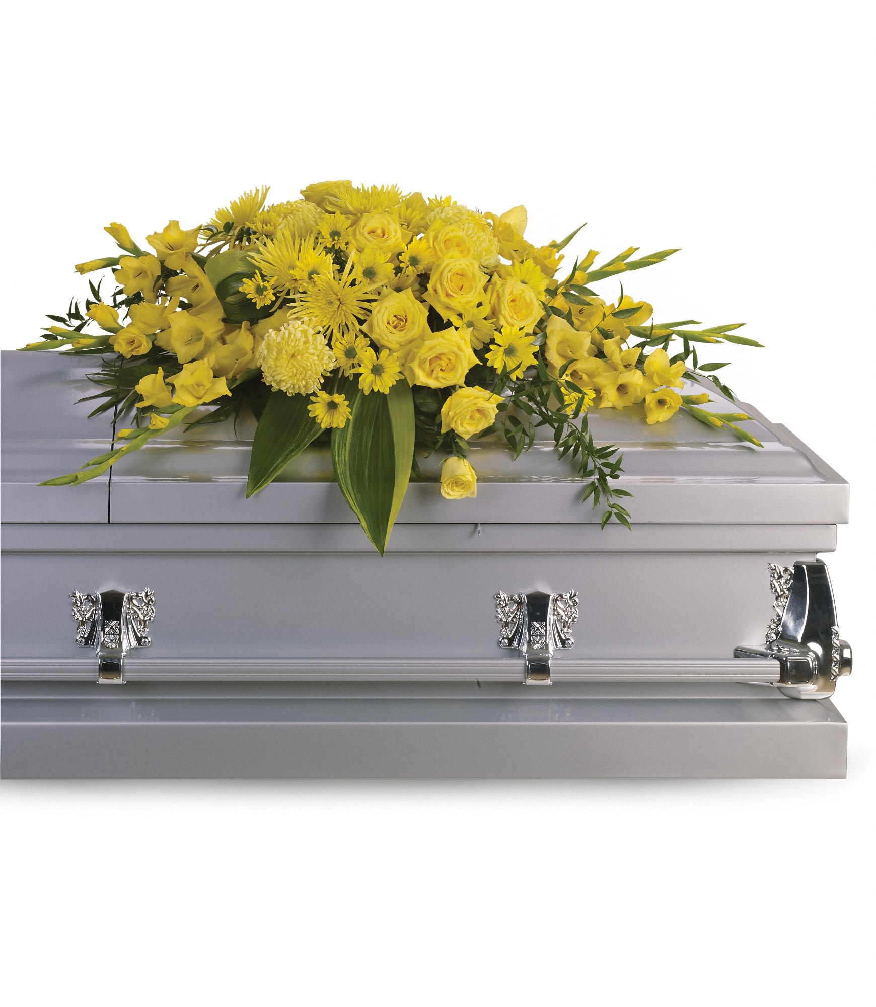 Graceful Grandeur Casket Spray by Teleflora *must be ordered 5 Days In Advance* - ***Must Be 5 Days NOTICE***  Joyous times and golden memories are recalled with this lovely half-couch casket spray that consoles the bereaved with a sunny array of beautiful blooms. 