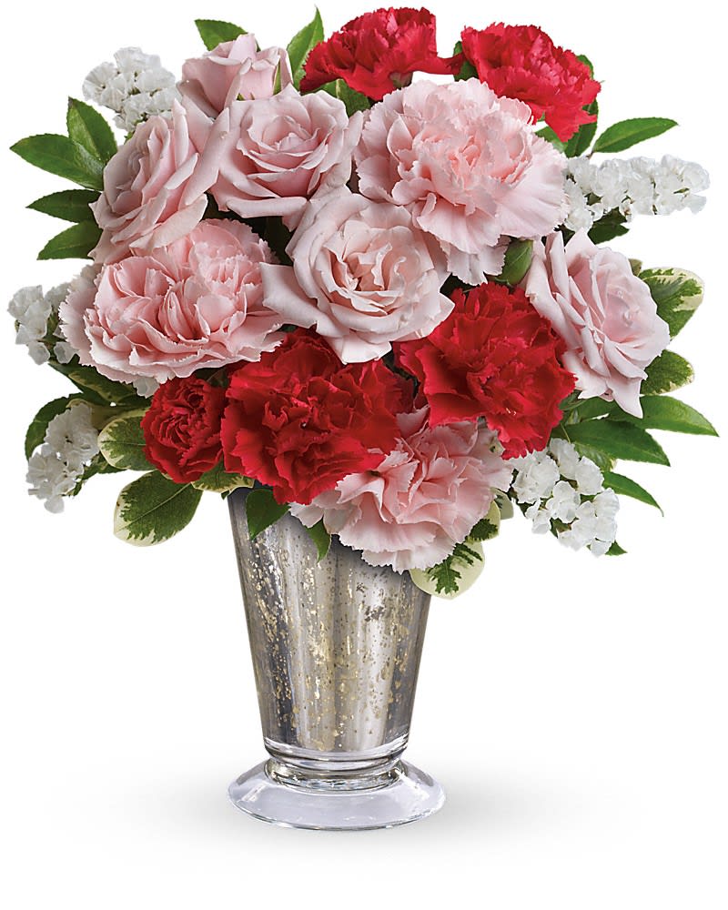 My Sweet Bouquet by Teleflora - Send someone special a sparkling token of your affection with this gorgeous pink and red bouquet. Romantic as can be the mix of roses and carnations is beautifully arranged in a chic mercury glass vase. It&#039;s an instant classic! Includes light pink spray roses light pink carnations miniature red carnations and white statice accented with fresh greenery. Delivered in a small Mercury Glass Julep.