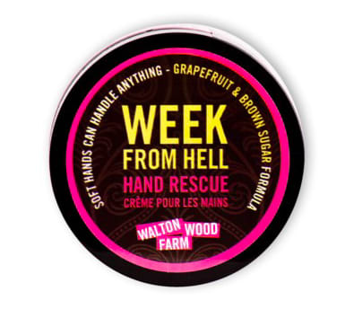 Week From Hell Hand Rescue - Grapefruit Brown Sugar formula. 4oz • Vegan, Cruelty-Free, Gluten-Free, • SLS, Paraben, Phthalate, and Dye free • Moisturizing blend of Cocoa Butter, Shea Butter, and Green Tea • Thick and rich, never greasy