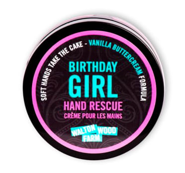 Birthday Girl Hand Rescue - Vanilla Buttercream formula. 4oz • Vegan, Cruelty-Free, Gluten-Free, • SLS, Paraben, Phthalate, and Dye free • Moisturizing blend of Cocoa Butter, Shea Butter, and Green Tea • Thick and rich, never greasy