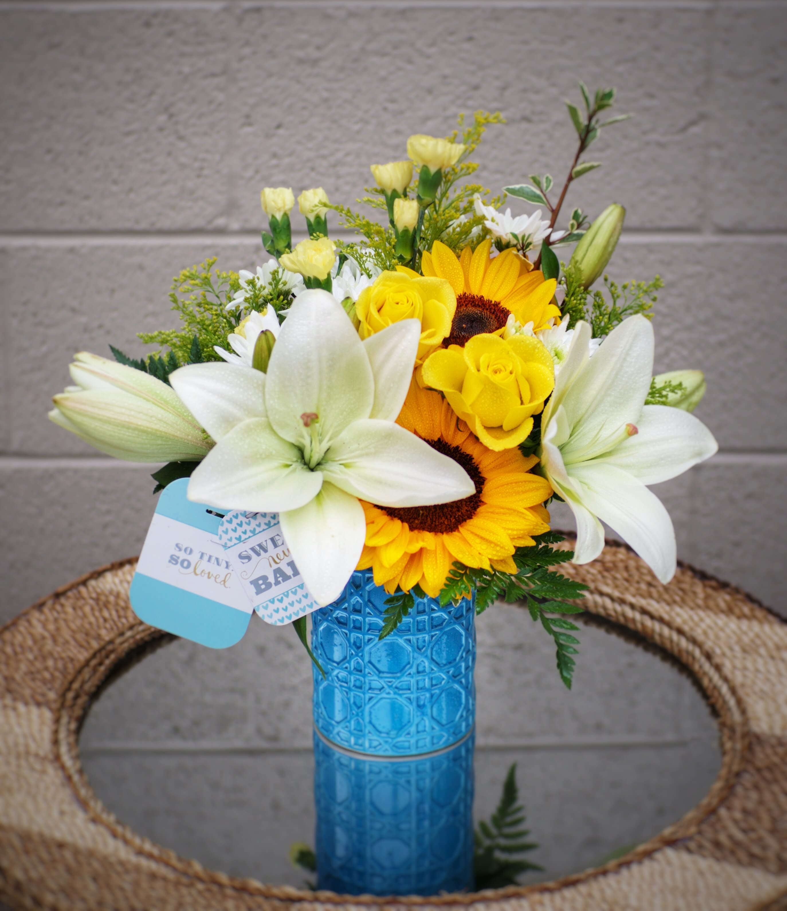 welcome baby boy flower arrangement