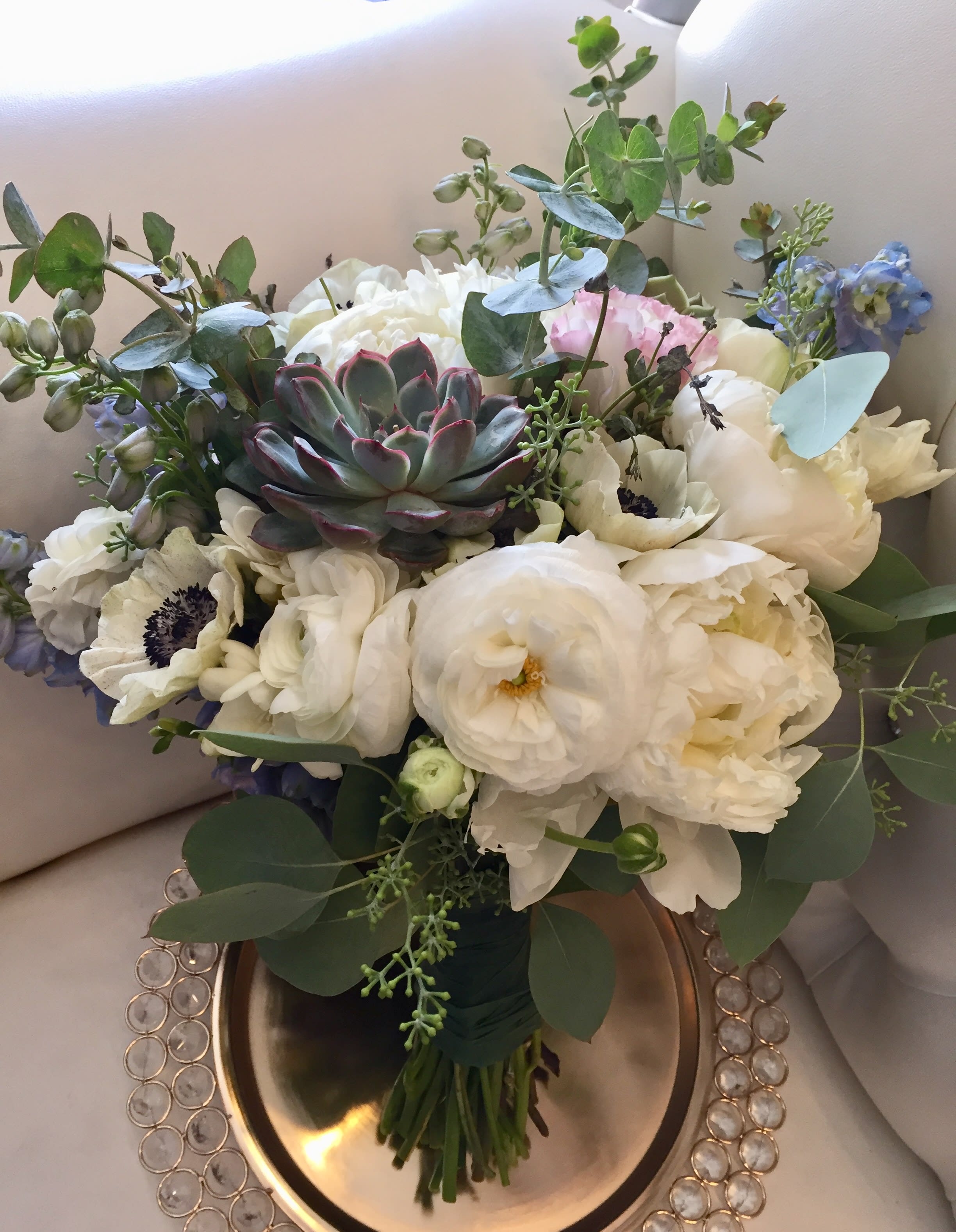 Bridal 10 - Bridal bouquet with fragrant English rose, peony or dahlia, anemone, delphinium, succulent and accents