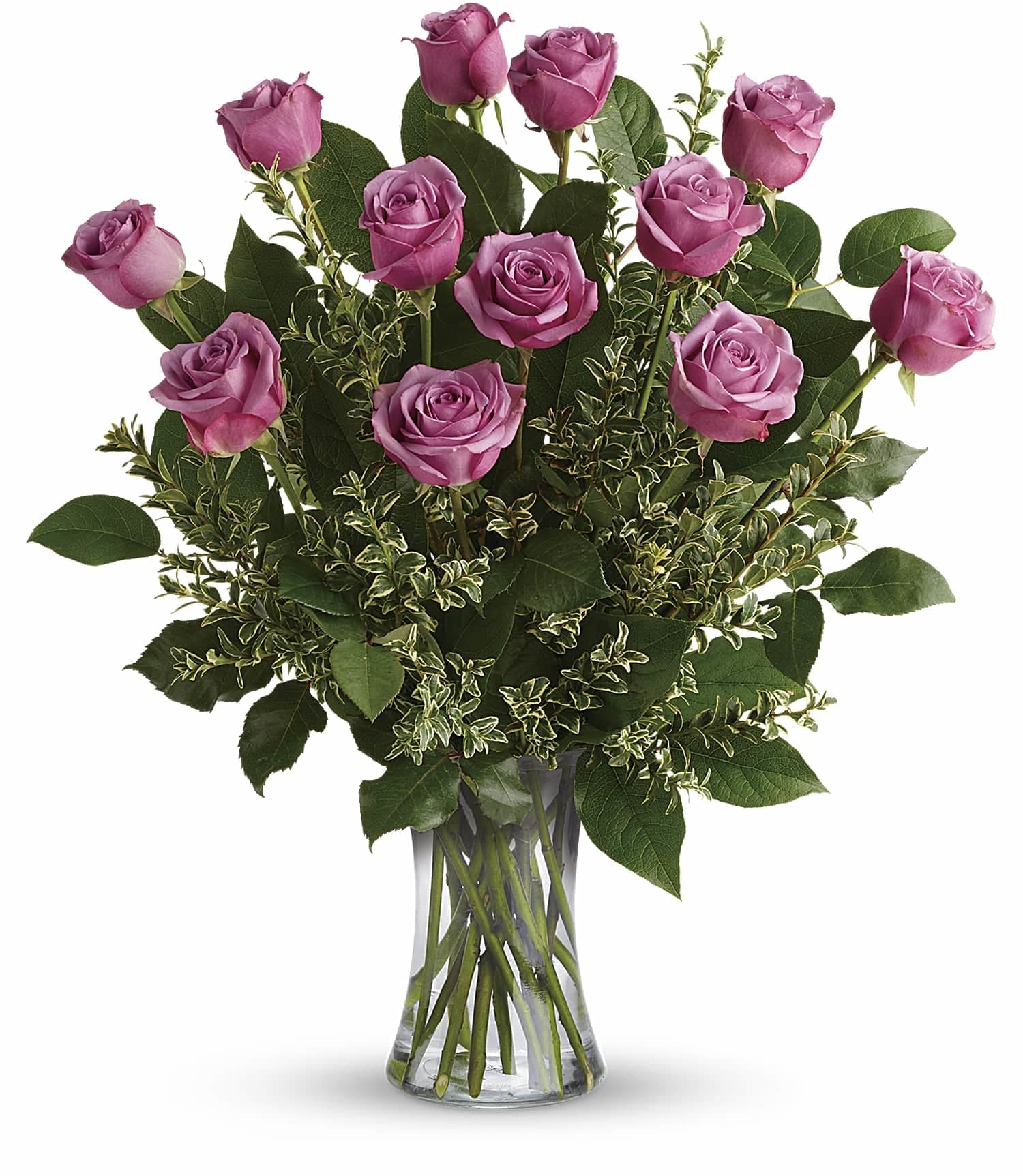 Hey Gorgeous Bouquet Hey Gorgeous Bouquet - A gorgeous greeting for any occasion, this lovely lavender bouquet features one dozen radiant roses with lush greens in a classic glass vase.
