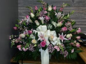  Pastel Mixed Funeral Side Basket - Mixed side basket with roses, snapdragons, wax flower, and hydrangeas.