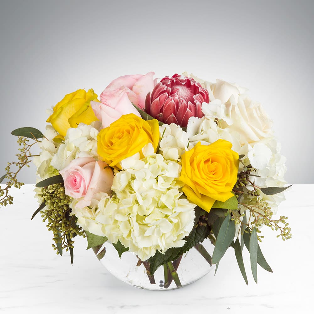 1-11B Hello Love by BloomNation™ - The Pink Ice Protea create brings a hint of the tropics in this classic bouquet. This arrangement includes roses, hydrangea, and a pink ice protea. It is the perfect gift for a Birthday,Thank You, or Just Because. APPROXIMATE DIMENSIONS: 11&quot;D X 11&quot; H