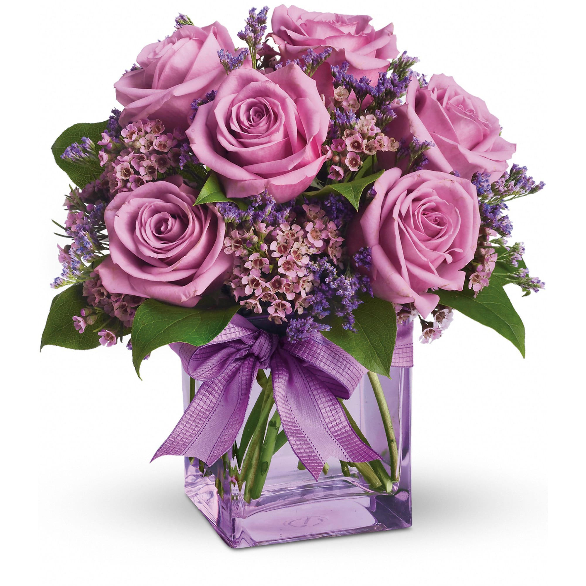 Teleflora's Morning Melody - Shades of purple are in perfect harmony in this profoundly pretty arrangement. A lovely mix of classic and modern, ribbons and roses, it's sure to make someone's day!    Lavender roses and waxflower, purple limonium and greens are hand-delivered in a lavender cube that's all wrapped up with a vibrant purple taffeta ribbon.    Approximately 10 1/2&quot; W x 11&quot; H    Orientation: One-Sided    As Shown : T68-3A  Deluxe : T68-3B  Premium : T68-3C