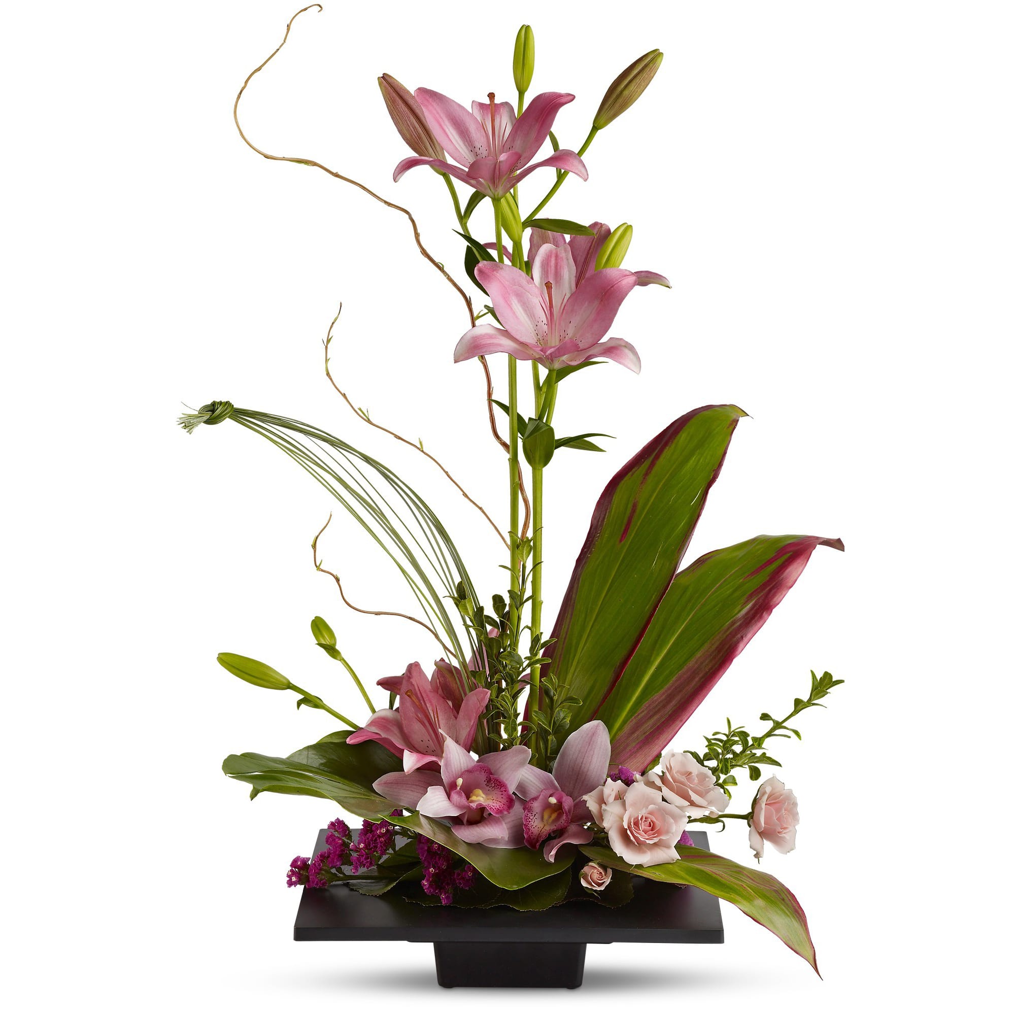 Imagination Blooms w/ Cymbidium Orchids by Teleflora - This towering topiary of asiatic lilies, orchids and roses - artistically arranged with tropical greenery - is a unique gift that celebrates the spirit of creativity.  Pink asiatic lilies rise up from a square design block holding a mix of cymbidium orchids, spray roses and accent blooms and greenery.  Approximately 18&quot; W x 27&quot; H  Orientation: One-Sided      As Shown : T256-1A  