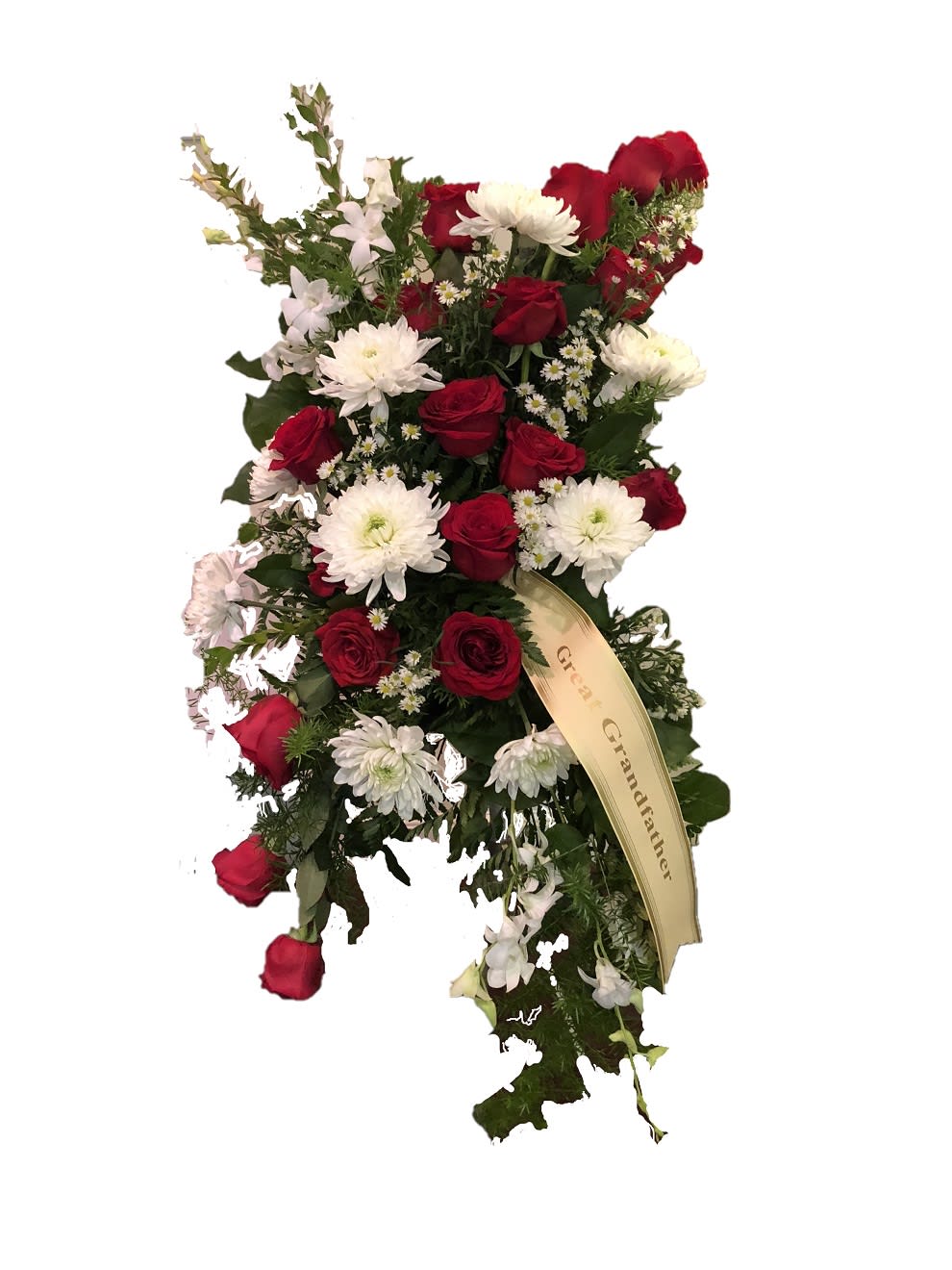 Red & white Easel Spray Red & white Easel Spray - This Red & white Spray is done with red roses, white dendrobium orchids, white cremone and white aster with mixed greens. This is a traditional look in red and white.