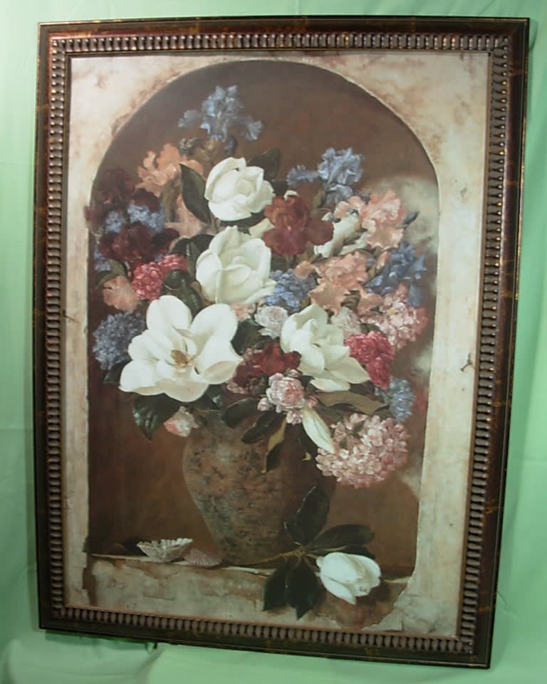 FLEMISHED FLORAL ARRANGMENT FRAMED PRINT NEW-G61 - From our Estate collection, this vintage,framed, print of Southern garden flowers is framed in an antique styled gold and copper tone frame.This print is signed &quot; Jaret &quot; in the lower left corner.  This print is a monumental 36 1/2 inches tall and is 28 inches wide and features southern magnolias, hydrangeas and iris. This would make a great gift for a new home or would make a stunting decorator accent in any home. We can deliver this lovely framed print here in Sumter, SC or it can be picked up at our store. 