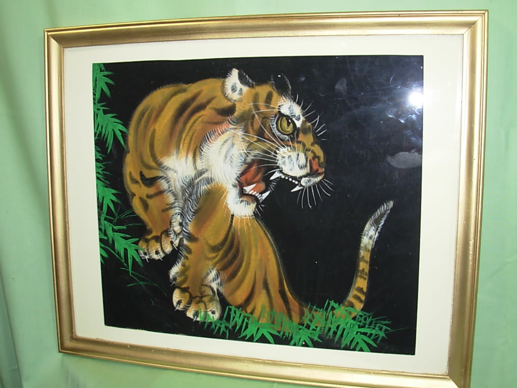 TIGER PAINTING ON SILK   NEW-G68 - This original signed Japanese painting of a tiger is watercolors  on silk and  is ferociously vibrant and is matted with glass  and is in a gold tone frame.. This vintage painting is from our &quot;Estate Collection&quot; and is 21 inches wide and 17 inches tall. This original art work  is signed in oriental characters in the lower left hand corner but  most of the signature is covered by the mat but the signature is shown here in the last picture.. This would make a great gift for a man, for Father's Day and would be especially great for the diehard Clemson fan..  Let us deliver your gift of this Tiger here in Sumter, SC  or phone us at 1-800-331-5358 to arrange shipment here in the U.S.A. 