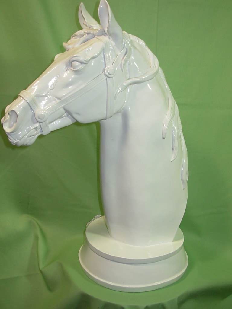 &quot; KNIGHT &quot; HORSE HEAD STATUE  NEW-G74 - This large,  white HORSE HEAD STATUE is a large and very decorative &quot;CHESS KNIGHT&quot;  It is very detailed  cast of a  polymer material and is 19 inches tall and is 14 inches wide and is 9 inches diameter at the base.. This statue is a vintage item form our &quot;Estate Collection &quot; and is heavily constructed, with no cracks,scratches  or chips and is in like new condition.  Let is gift wrap your gift for delivery here in Sumter, S.C. or phone us at 1-800-331-5358 to arrange shipment here in the U.S.A.  