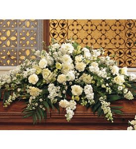 Pure White Casket Spray Pure White Casket Spray - This casket spray with its array of white carnations, larkspur, asters and stock adds a pure and loving gesture to the service. One casket spray arrives decorated with white carnations, larkspur, lisianthus, asters and stock, and simple foliage. Approximately 45" W x 36" H Orientation: One-Sided As Shown : TF194-1