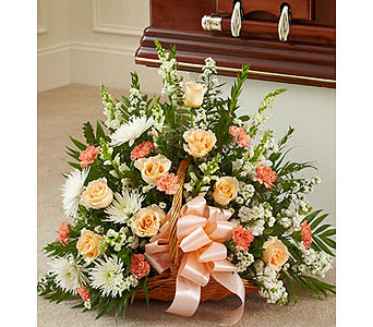 Peach, Orange, and White Mixed Fireside Basket Peach, Orange, and White Mixed Fireside Basket - Peach roses, white mums, orange carnations, and more are arranged by our expert floral designers. This touching tribute beautifully conveys your sympathy and support. As Shown : HUD-91203