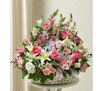 Pink and White Sympathy Arrangement in Basket Pink and White Sympathy Arrangement in Basket - Express your sympathy and compassion with this beautiful tribute. As Shown : HUD-91235