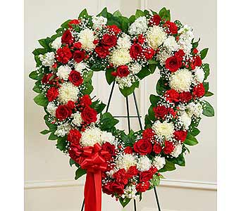Red and White Open Heart Red and White Open Heart - Red and white flowers such as roses, football mums, carnations and more. Convey your deepest condolences and undying love with this beautiful arrangement. As Shown : HUD-91241